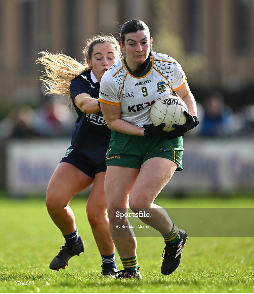 17 March 2024; Shelly Melia of Meath in action against Ciara McCarthy of Kerry during the Lidl LGFA National League Division 1 Round 6 match between Meath and Kerry at Donaghmore Ashbourne GAA Club in Ashbourne, Meath. Photo by Brendan Moran/Sportsfile