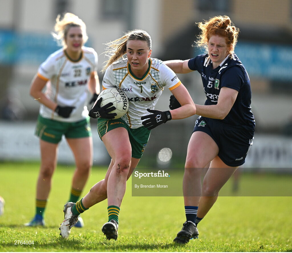 17 March 2024; Aoibhín Cleary of Meath in action against Louise Ní Mhuircheartaigh of Kerry during the Lidl LGFA National League Division 1 Round 6 match between Meath and Kerry at Donaghmore Ashbourne GAA Club in Ashbourne, Meath. Photo by Brendan Moran/Sportsfile