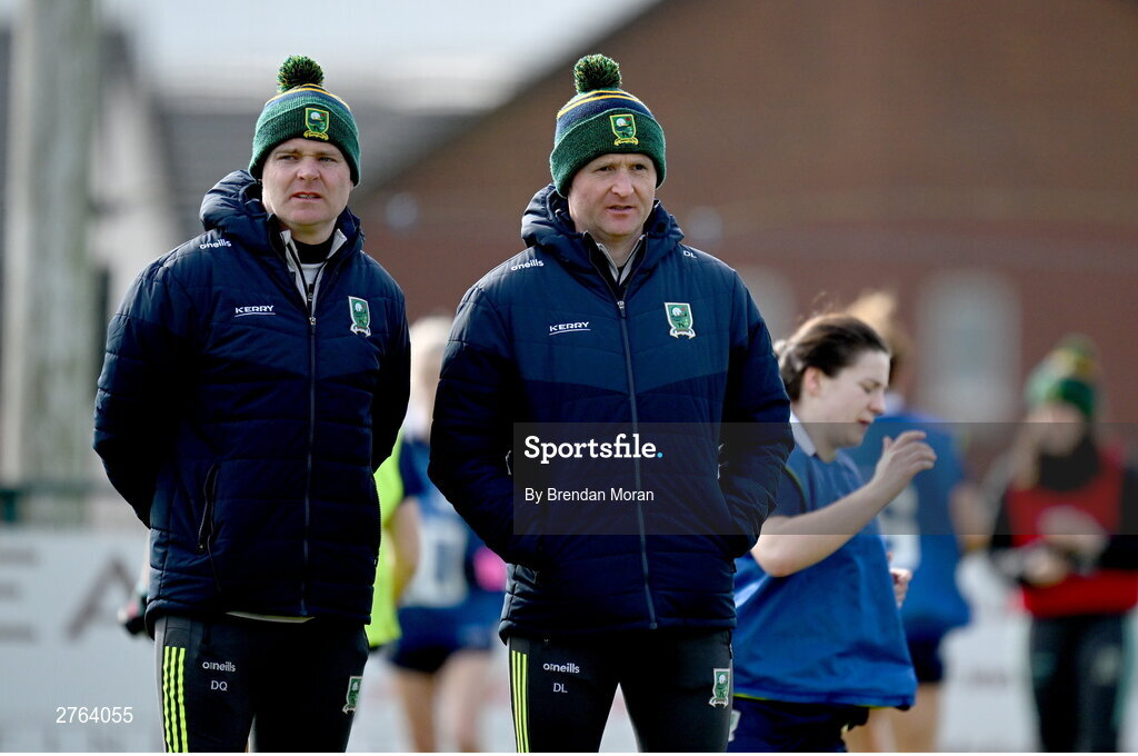 17 March 2024; Kerry joint-managers Declan Quill, left, and Darragh Long before the Lidl LGFA National League Division 1 Round 6 match between Meath and Kerry at Donaghmore Ashbourne GAA Club in Ashbourne, Meath. Photo by Brendan Moran/Sportsfile