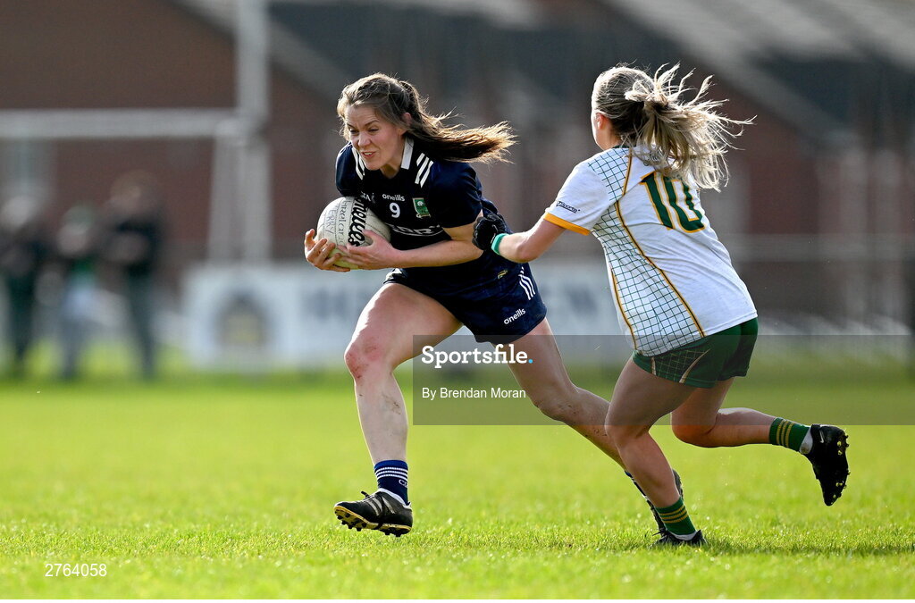 17 March 2024; Anna Galvin of Kerry in action against Megan Thynne of Meath during the Lidl LGFA National League Division 1 Round 6 match between Meath and Kerry at Donaghmore Ashbourne GAA Club in Ashbourne, Meath. Photo by Brendan Moran/Sportsfile