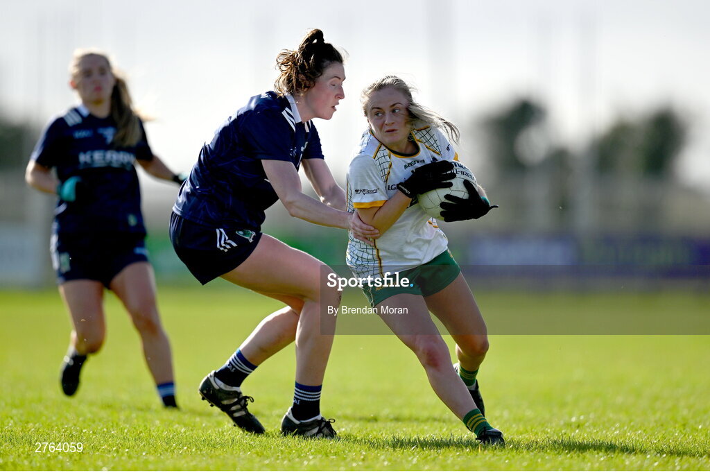17 March 2024; Megan Thynne of Meath is tackled by Lorraine Scanlon of Kerry during the Lidl LGFA National League Division 1 Round 6 match between Meath and Kerry at Donaghmore Ashbourne GAA Club in Ashbourne, Meath. Photo by Brendan Moran/Sportsfile