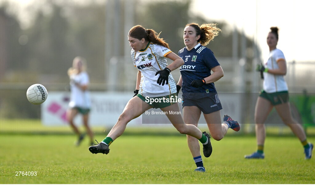 17 March 2024; Ciara Smyth of Meath in action against Aishling O’Connell of Kerry during the Lidl LGFA National League Division 1 Round 6 match between Meath and Kerry at Donaghmore Ashbourne GAA Club in Ashbourne, Meath. Photo by Brendan Moran/Sportsfile