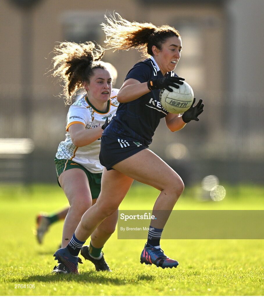 17 March 2024; Aishling O’Connell of Kerry in action against Emma Duggan of Meath during the Lidl LGFA National League Division 1 Round 6 match between Meath and Kerry at Donaghmore Ashbourne GAA Club in Ashbourne, Meath. Photo by Brendan Moran/Sportsfile