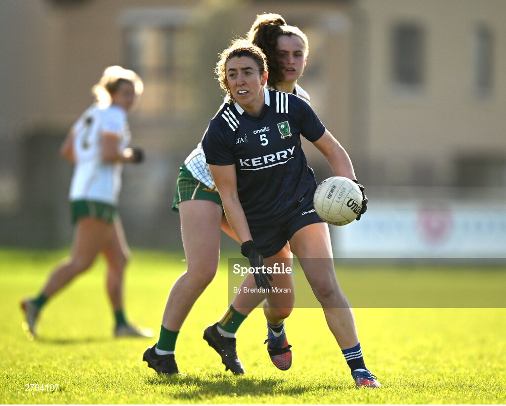 17 March 2024; Aishling O’Connell of Kerry in action against Emma Duggan of Meath during the Lidl LGFA National League Division 1 Round 6 match between Meath and Kerry at Donaghmore Ashbourne GAA Club in Ashbourne, Meath. Photo by Brendan Moran/Sportsfile