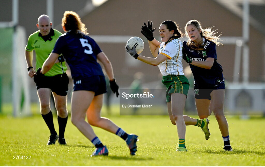 17 March 2024; Niamh Gallogly of Meath in action against Ciara Murphy of Kerry during the Lidl LGFA National League Division 1 Round 6 match between Meath and Kerry at Donaghmore Ashbourne GAA Club in Ashbourne, Meath. Photo by Brendan Moran/Sportsfile