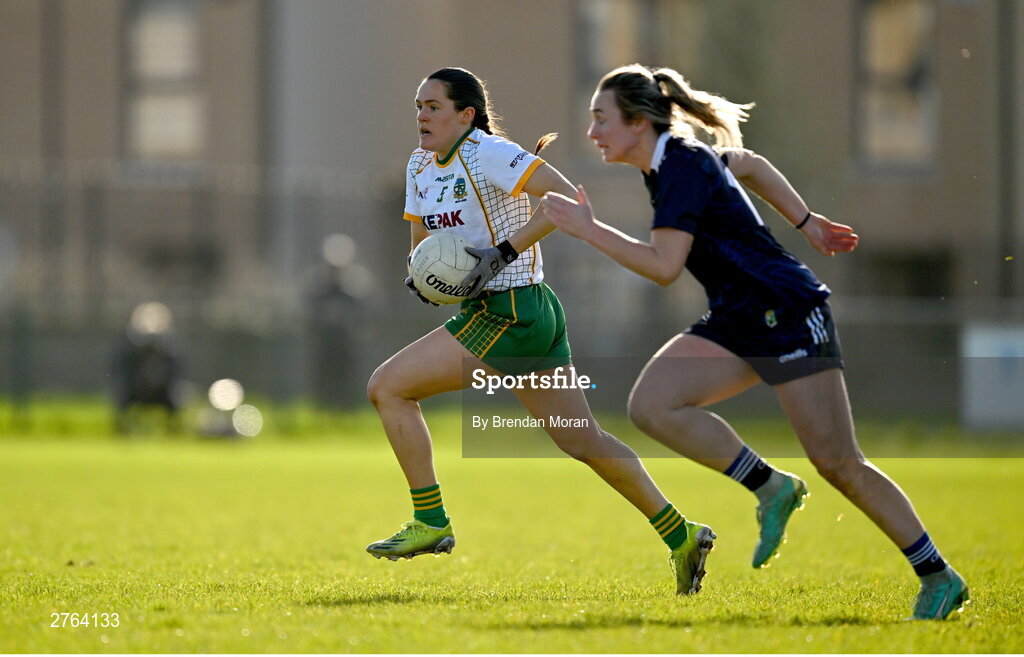 17 March 2024; Niamh Gallogly of Meath in action against Niamh Carmody of Kerry during the Lidl LGFA National League Division 1 Round 6 match between Meath and Kerry at Donaghmore Ashbourne GAA Club in Ashbourne, Meath. Photo by Brendan Moran/Sportsfile