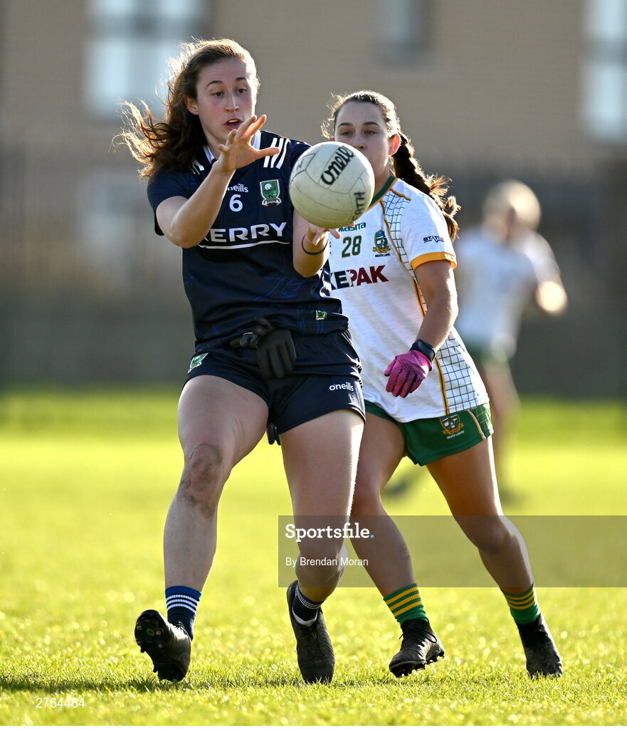 17 March 2024; Kayleigh Cronin of Kerry in action against Seona Lynch of Meath during the Lidl LGFA National League Division 1 Round 6 match between Meath and Kerry at Donaghmore Ashbourne GAA Club in Ashbourne, Meath. Photo by Brendan Moran/Sportsfile