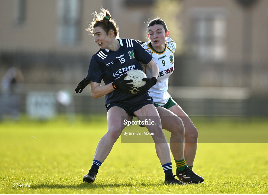 17 March 2024; Cáit Lynch of Kerry in action against Shelly Melia of Meath during the Lidl LGFA National League Division 1 Round 6 match between Meath and Kerry at Donaghmore Ashbourne GAA Club in Ashbourne, Meath. Photo by Brendan Moran/Sportsfile
