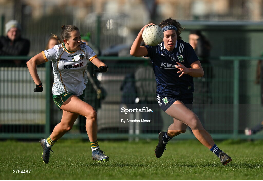 17 March 2024; Emma Dineen of Kerry in action against Áine Sheridan of Meath during the Lidl LGFA National League Division 1 Round 6 match between Meath and Kerry at Donaghmore Ashbourne GAA Club in Ashbourne, Meath. Photo by Brendan Moran/Sportsfile