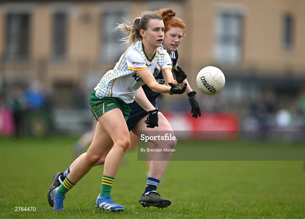 17 March 2024; Mary Kate Lynch of Meath in action against Louise Ní Mhuircheartaigh of Kerry during the Lidl LGFA National League Division 1 Round 6 match between Meath and Kerry at Donaghmore Ashbourne GAA Club in Ashbourne, Meath. Photo by Brendan Moran/Sportsfile