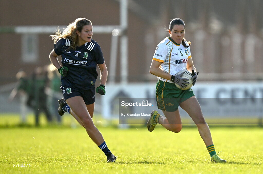17 March 2024; Niamh Gallogly of Meath in action against Ciara Murphy of Kerry during the Lidl LGFA National League Division 1 Round 6 match between Meath and Kerry at Donaghmore Ashbourne GAA Club in Ashbourne, Meath. Photo by Brendan Moran/Sportsfile