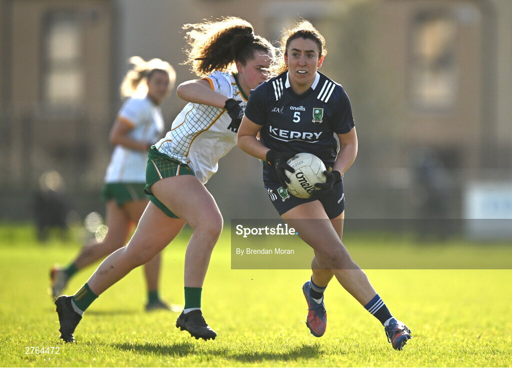 17 March 2024; Aishling O’Connell of Kerry in action against Emma Duggan of Meath during the Lidl LGFA National League Division 1 Round 6 match between Meath and Kerry at Donaghmore Ashbourne GAA Club in Ashbourne, Meath. Photo by Brendan Moran/Sportsfile