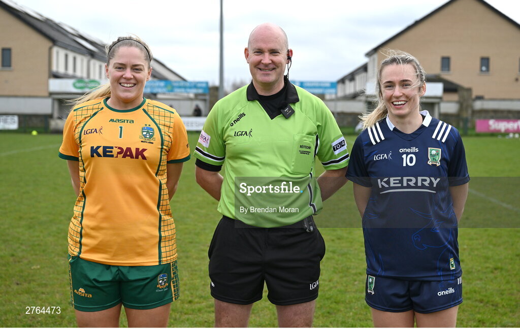 17 March 2024; Referee Shane Curley with team captains Monica McGuirk of Meath, left, and Niamh Carmody of Kerry before the Lidl LGFA National League Division 1 Round 6 match between Meath and Kerry at Donaghmore Ashbourne GAA Club in Ashbourne, Meath. Photo by Brendan Moran/Sportsfile