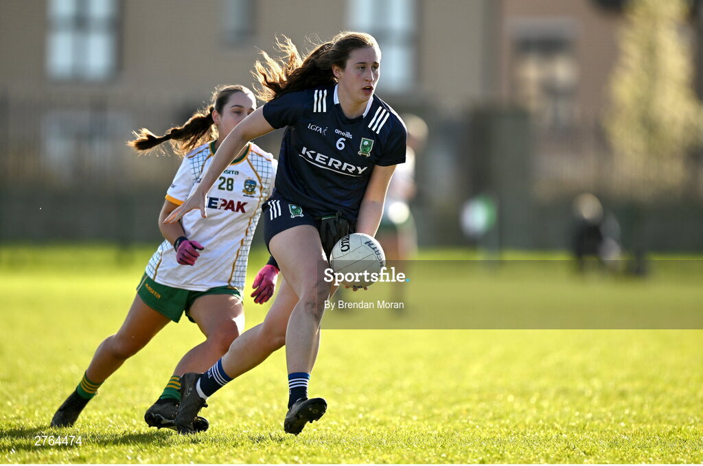 17 March 2024; Kayleigh Cronin of Kerry in action against Seona Lynch of Meath during the Lidl LGFA National League Division 1 Round 6 match between Meath and Kerry at Donaghmore Ashbourne GAA Club in Ashbourne, Meath. Photo by Brendan Moran/Sportsfile