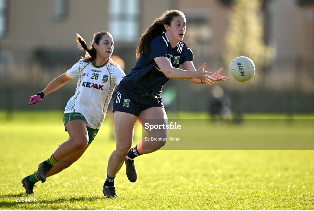 17 March 2024; Kayleigh Cronin of Kerry in action against Seona Lynch of Meath during the Lidl LGFA National League Division 1 Round 6 match between Meath and Kerry at Donaghmore Ashbourne GAA Club in Ashbourne, Meath. Photo by Brendan Moran/Sportsfile
