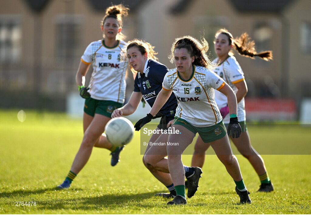 17 March 2024; Emma Duggan of Meath in action against Kayleigh Cronin of Kerry during the Lidl LGFA National League Division 1 Round 6 match between Meath and Kerry at Donaghmore Ashbourne GAA Club in Ashbourne, Meath. Photo by Brendan Moran/Sportsfile