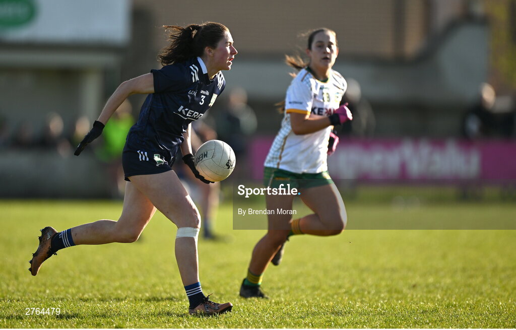 17 March 2024; Eilís Lynch of Kerry in action against Seona Lynch of Meath during the Lidl LGFA National League Division 1 Round 6 match between Meath and Kerry at Donaghmore Ashbourne GAA Club in Ashbourne, Meath. Photo by Brendan Moran/Sportsfile