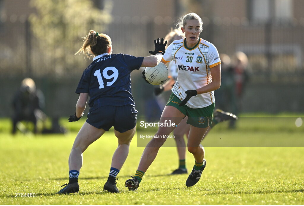 17 March 2024; Aisling McCabe in action against Cáit Lynch of Kerry during the Lidl LGFA National League Division 1 Round 6 match between Meath and Kerry at Donaghmore Ashbourne GAA Club in Ashbourne, Meath. Photo by Brendan Moran/Sportsfile
