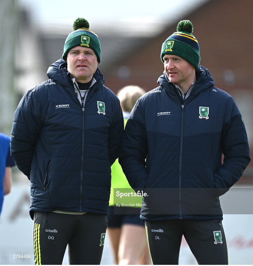17 March 2024; Kerry joint-managers Declan Quill, left, and Darragh Long before the Lidl LGFA National League Division 1 Round 6 match between Meath and Kerry at Donaghmore Ashbourne GAA Club in Ashbourne, Meath. Photo by Brendan Moran/Sportsfile