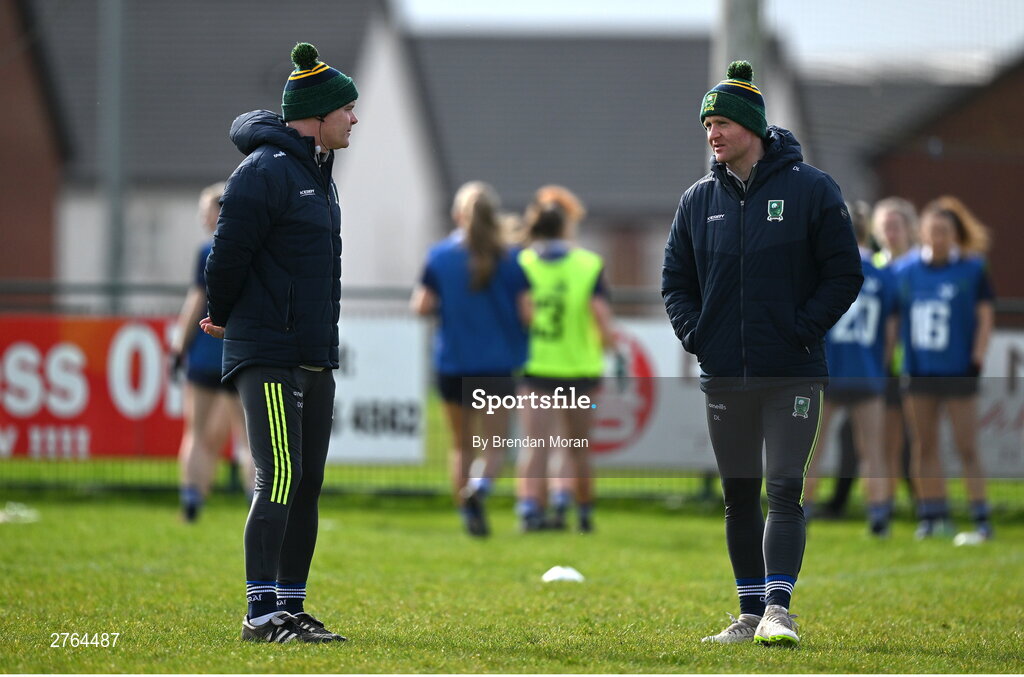 17 March 2024; Kerry joint managers Declan Quill, left, and Darragh Long before the Lidl LGFA National League Division 1 Round 6 match between Meath and Kerry at Donaghmore Ashbourne GAA Club in Ashbourne, Meath. Photo by Brendan Moran/Sportsfile