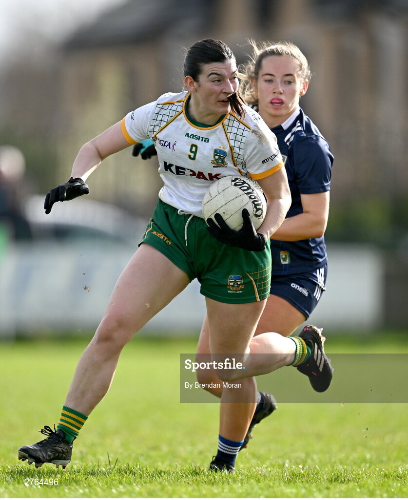 17 March 2024; Shelly Melia of Meath in action against Ciara McCarthy of Kerry during the Lidl LGFA National League Division 1 Round 6 match between Meath and Kerry at Donaghmore Ashbourne GAA Club in Ashbourne, Meath. Photo by Brendan Moran/Sportsfile
