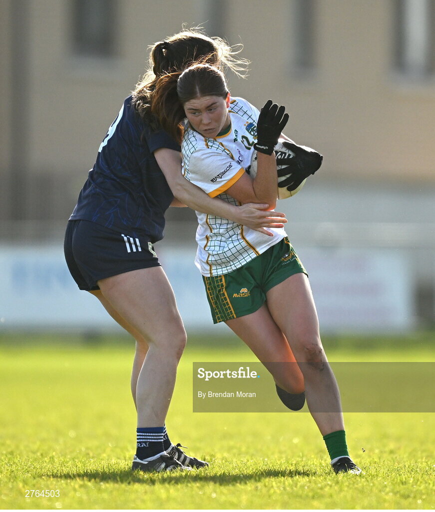 17 March 2024; Ciara Smyth of Meath is tackled by Anna Galvin of Kerry during the Lidl LGFA National League Division 1 Round 6 match between Meath and Kerry at Donaghmore Ashbourne GAA Club in Ashbourne, Meath. Photo by Brendan Moran/Sportsfile