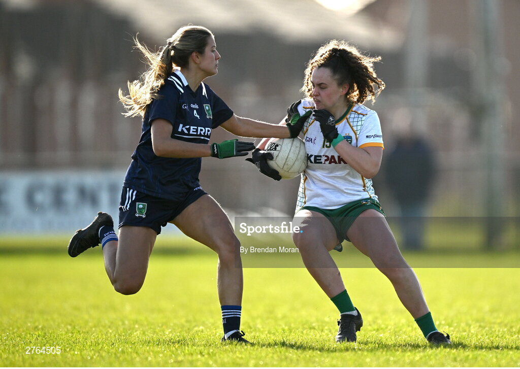 17 March 2024; Emma Duggan of Meath in action against Ciara Murphy of Kerry during the Lidl LGFA National League Division 1 Round 6 match between Meath and Kerry at Donaghmore Ashbourne GAA Club in Ashbourne, Meath. Photo by Brendan Moran/Sportsfile