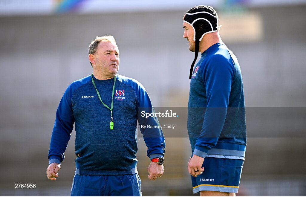 19 March 2024; Interim head coach Richie Murphy, left, in conversation with Rob Herring during Ulster Rugby squad training at the Kingspan Stadium in Belfast. Photo by Ramsey Cardy/Sportsfile