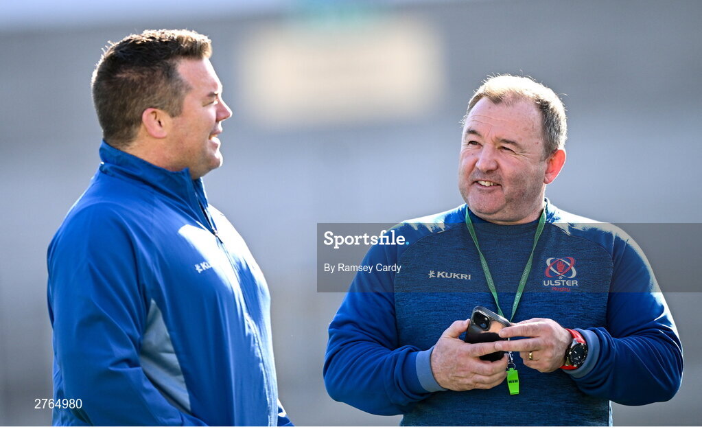 19 March 2024; Interim head coach Richie Murphy, right, and national scrum coach John Fogarty during Ulster Rugby squad training at the Kingspan Stadium in Belfast. Photo by Ramsey Cardy/Sportsfile