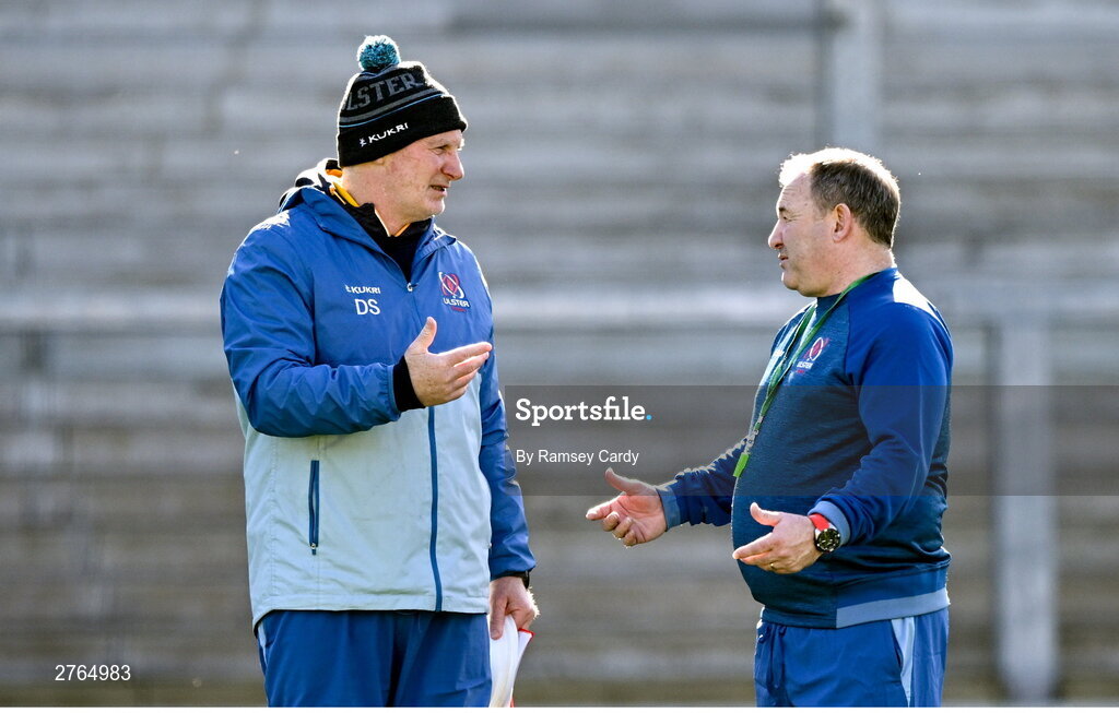 19 March 2024; Ulster assistant coach Dan Soper, left, and Ulster interim head coach Richie Murphy during Ulster Rugby squad training at the Kingspan Stadium in Belfast. Photo by Ramsey Cardy/Sportsfile