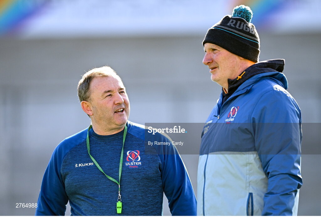 19 March 2024; Interim head coach Richie Murphy, left, and assistant coach Dan Soper during Ulster Rugby squad training at the Kingspan Stadium in Belfast. Photo by Ramsey Cardy/Sportsfile