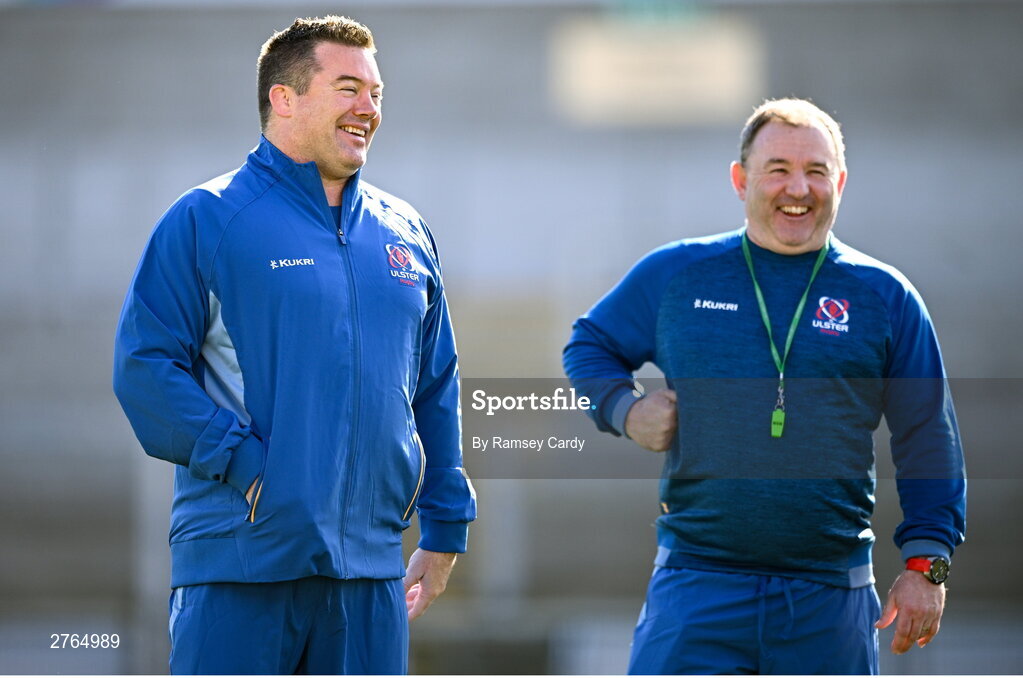 19 March 2024; National scrum coach John Fogarty, left, and interim head coach Richie Murphy during Ulster Rugby squad training at the Kingspan Stadium in Belfast. Photo by Ramsey Cardy/Sportsfile