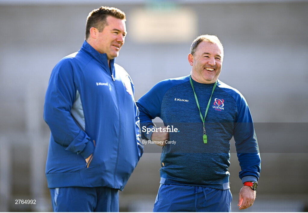 19 March 2024; Interim head coach Richie Murphy, right, and National scrum coach John Fogarty during Ulster Rugby squad training at the Kingspan Stadium in Belfast. Photo by Ramsey Cardy/Sportsfile