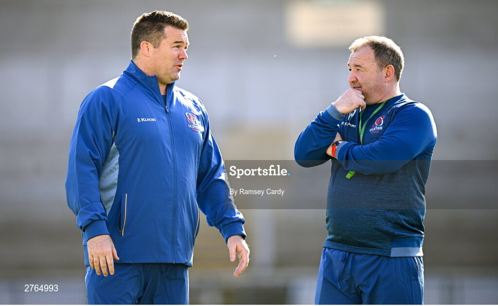 19 March 2024; Interim head coach Richie Murphy, right, and National scrum coach John Fogarty during Ulster Rugby squad training at the Kingspan Stadium in Belfast. Photo by Ramsey Cardy/Sportsfile