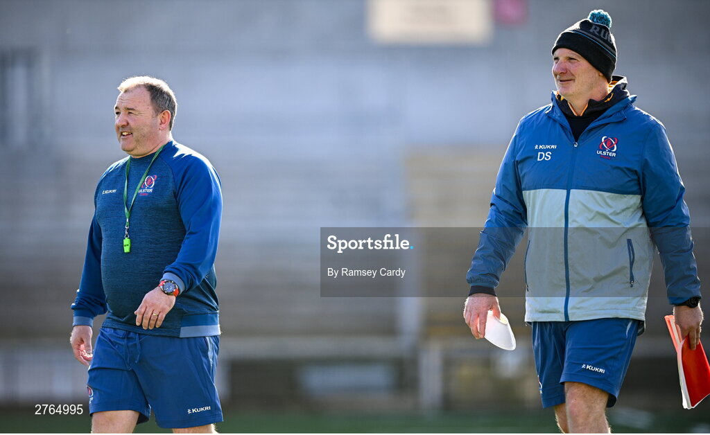 19 March 2024; Interim head coach Richie Murphy, left, and assistant coach Dan Soper during Ulster Rugby squad training at the Kingspan Stadium in Belfast. Photo by Ramsey Cardy/Sportsfile