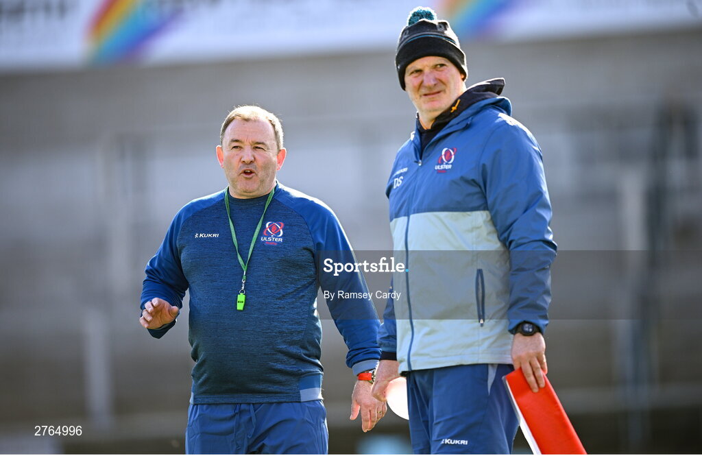 19 March 2024; Interim head coach Richie Murphy, left, and assistant coach Dan Soper during Ulster Rugby squad training at the Kingspan Stadium in Belfast. Photo by Ramsey Cardy/Sportsfile