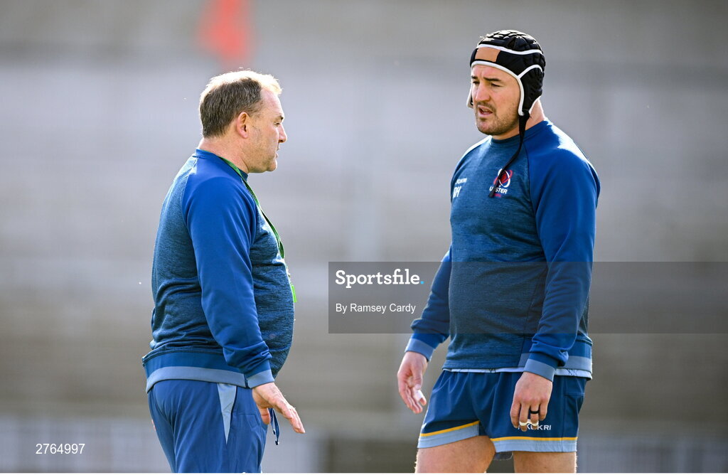 19 March 2024; Interim head coach Richie Murphy, left, in conversation with Rob Herring during Ulster Rugby squad training at the Kingspan Stadium in Belfast. Photo by Ramsey Cardy/Sportsfile