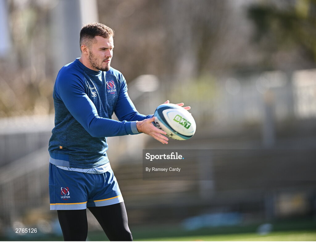 19 March 2024; Jacob Stockdale during Ulster Rugby squad training at the Kingspan Stadium in Belfast. Photo by Ramsey Cardy/Sportsfile