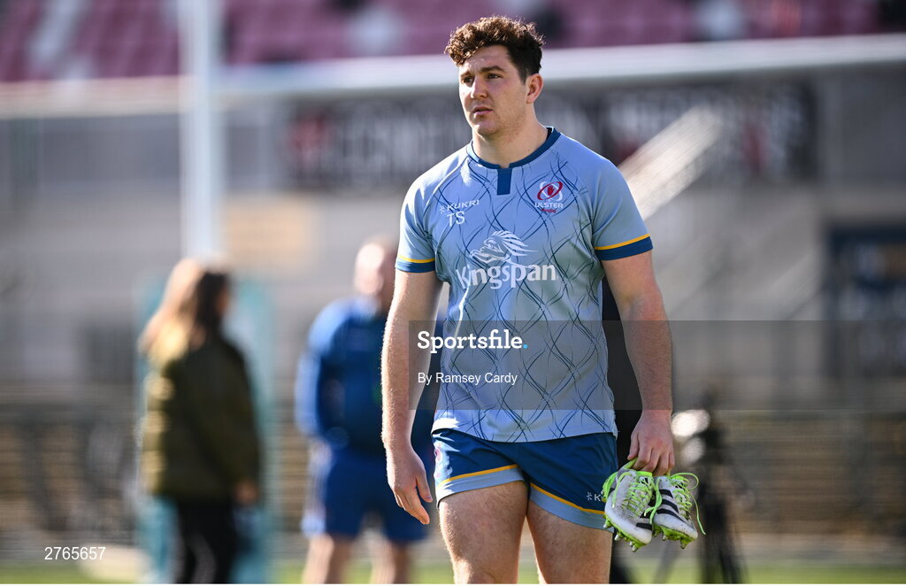19 March 2024; Tom Stewart during Ulster Rugby squad training at the Kingspan Stadium in Belfast. Photo by Ramsey Cardy/Sportsfile
