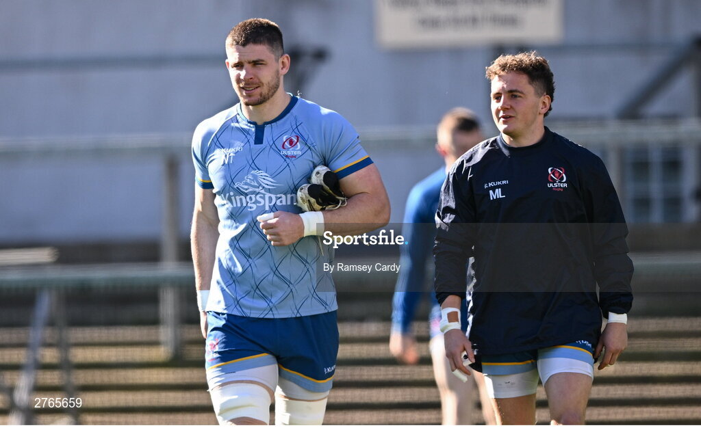 19 March 2024; Nick Timoney, left, and Mike Lowry during Ulster Rugby squad training at the Kingspan Stadium in Belfast. Photo by Ramsey Cardy/Sportsfile