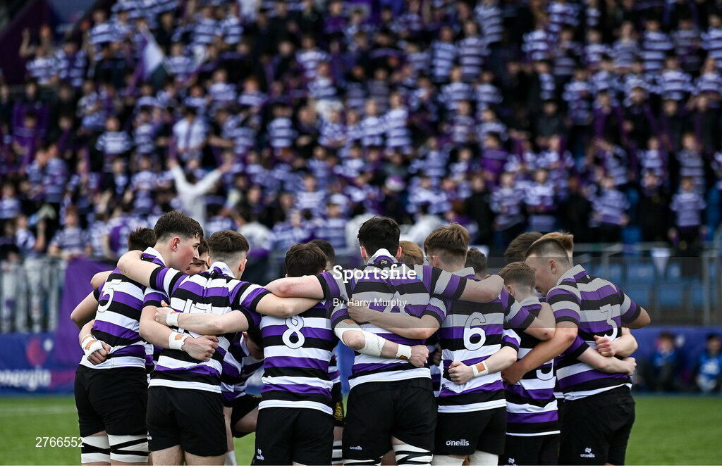 20 March 2024; Terenure College players huddle before the Bank of Ireland Leinster Schools Junior Cup final match between St Mary's College and Terenure College at Energia Park in Dublin. Photo by Harry Murphy/Sportsfile