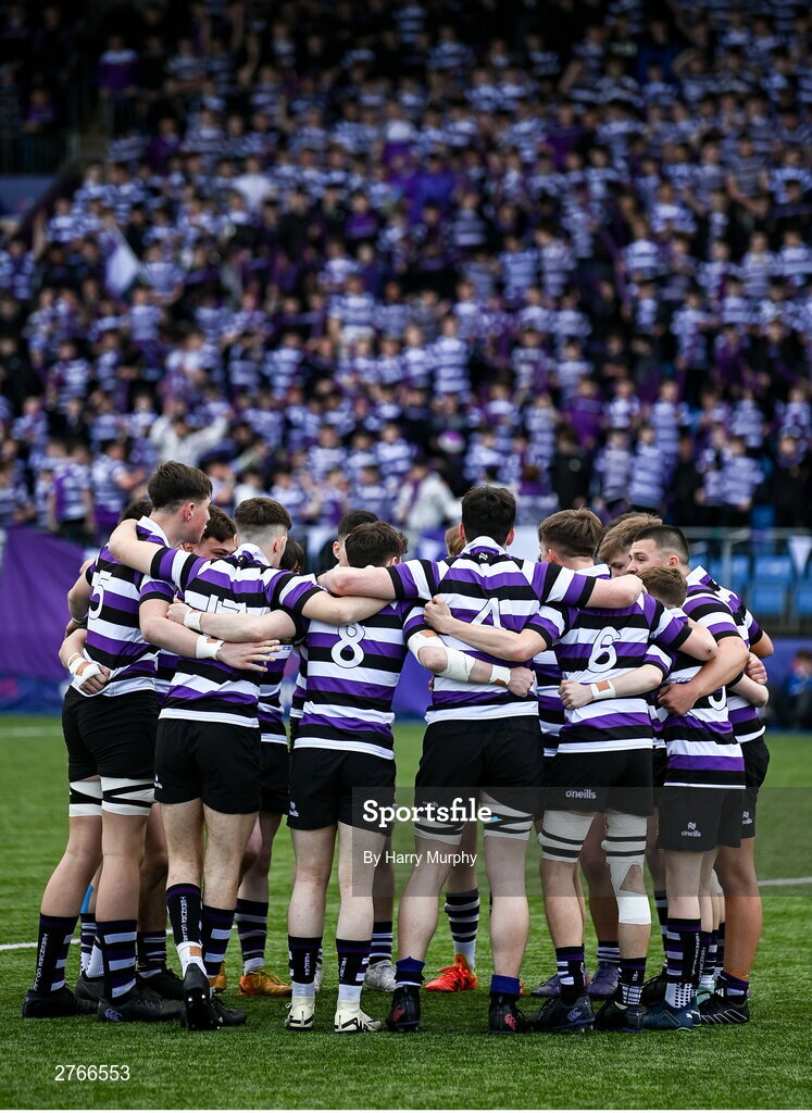20 March 2024; Terenure College players huddle before the Bank of Ireland Leinster Schools Junior Cup final match between St Mary's College and Terenure College at Energia Park in Dublin. Photo by Harry Murphy/Sportsfile