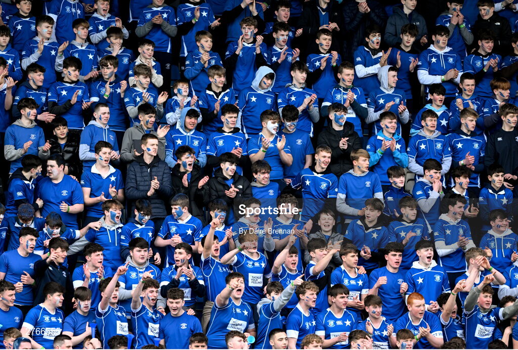 20 March 2024; St Mary's College supporters during the Bank of Ireland Leinster Schools Junior Cup final match between St Mary's College and Terenure College at Energia Park in Dublin. Photo by Daire Brennan/Sportsfile