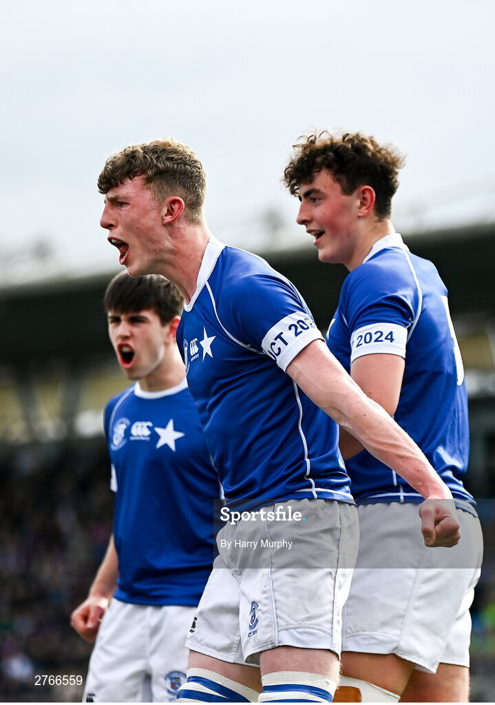 20 March 2024; Eoin Farrell of St Mary’s College celebrates a turnover during the Bank of Ireland Leinster Schools Junior Cup final match between St Mary's College and Terenure College at Energia Park in Dublin. Photo by Harry Murphy/Sportsfile