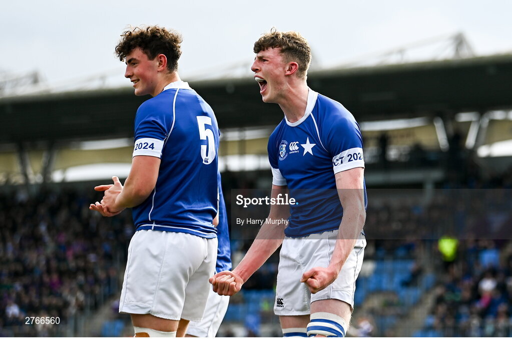 20 March 2024; Eoin Farrell of St Mary’s College celebrates a turnover during the Bank of Ireland Leinster Schools Junior Cup final match between St Mary's College and Terenure College at Energia Park in Dublin. Photo by Harry Murphy/Sportsfile