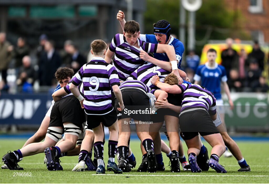 20 March 2024; Frank Maher of Terenure College in a maul with James Whitty of St Mary’s College during the Bank of Ireland Leinster Schools Junior Cup final match between St Mary's College and Terenure College at Energia Park in Dublin. Photo by Daire Brennan/Sportsfile