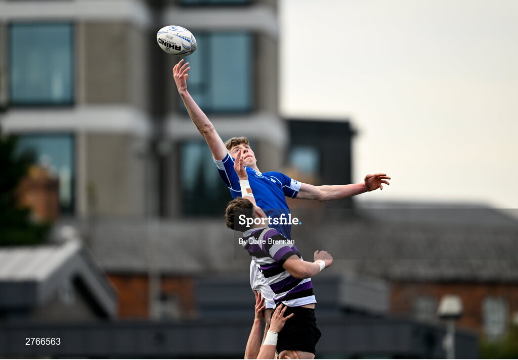 20 March 2024; Eoin Farrell of St Mary’s College wins the ball in a line-out against Frank Maher of Terenure College during the Bank of Ireland Leinster Schools Junior Cup final match between St Mary's College and Terenure College at Energia Park in Dublin. Photo by Daire Brennan/Sportsfile