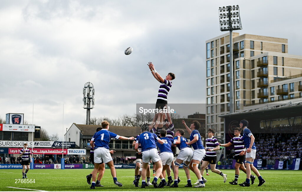20 March 2024; Frank Maher of Terenure College wins possession in the lineout during the Bank of Ireland Leinster Schools Junior Cup final match between St Mary's College and Terenure College at Energia Park in Dublin. Photo by Harry Murphy/Sportsfile