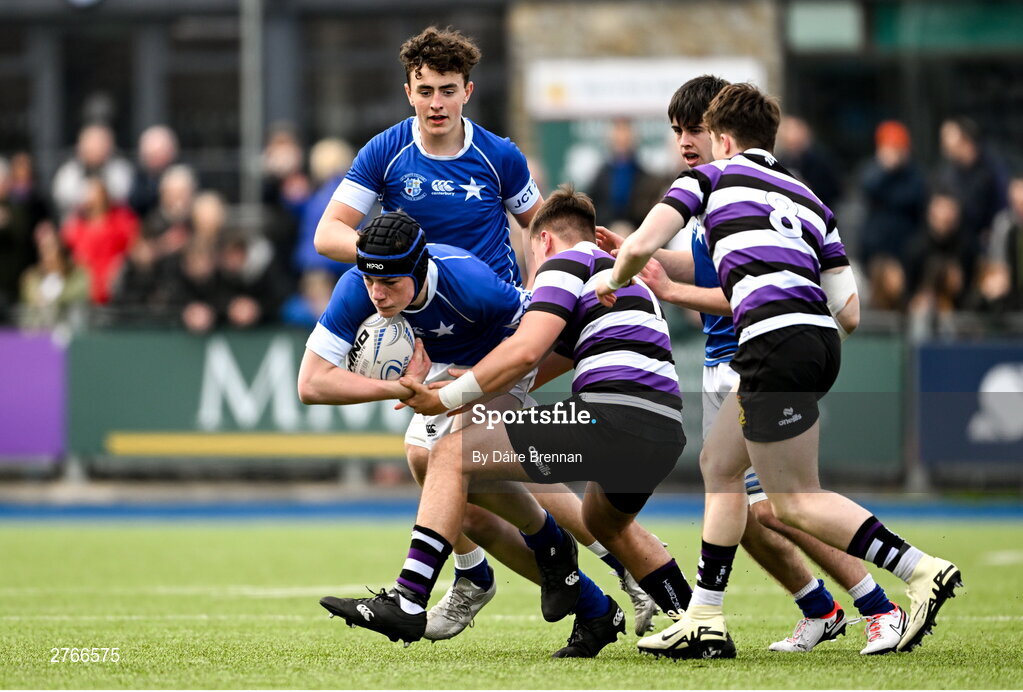 20 March 2024; James Whitty of St Mary’s College is tackled by Michael Smyth of Terenure College during the Bank of Ireland Leinster Schools Junior Cup final match between St Mary's College and Terenure College at Energia Park in Dublin. Photo by Daire Brennan/Sportsfile