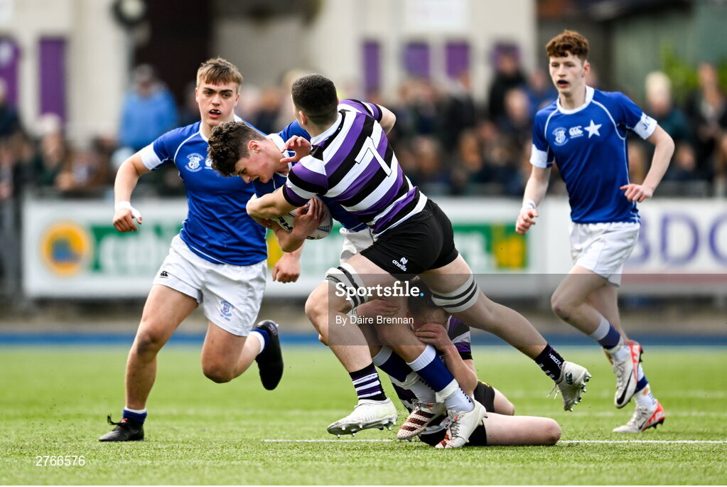 20 March 2024; Cathal Bishop of St Mary’s College is tackled by Michael Smyth of Terenure College during the Bank of Ireland Leinster Schools Junior Cup final match between St Mary's College and Terenure College at Energia Park in Dublin. Photo by Daire Brennan/Sportsfile